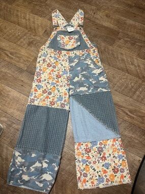 POL Floral Patchwork Denim-Trim Overalls in Blue, Orange & Purple